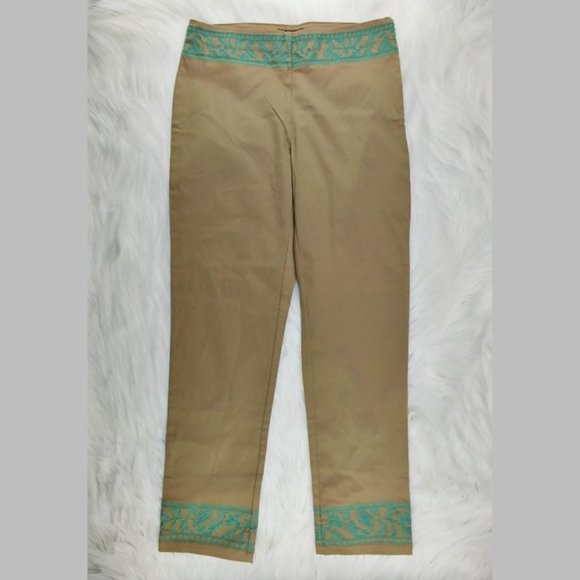 J. Crew Pants - J. CREW Tan Cropped Ankle Pants Mint Green Embroidery